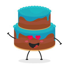 Cute flat cartoon birthday cake illustration. Vector illustration of cute birthday cake with a smiling expression. Cute cake mascot design