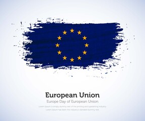 Europe day of European Union country. Abstract flag in shape of paint brush stroke with shiny colored background