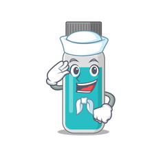A brave sailor caricature design style of medical test bottle ready to sail