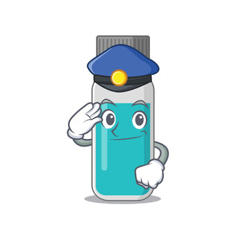 A handsome Police officer cartoon picture of medical test bottle with a blue hat
