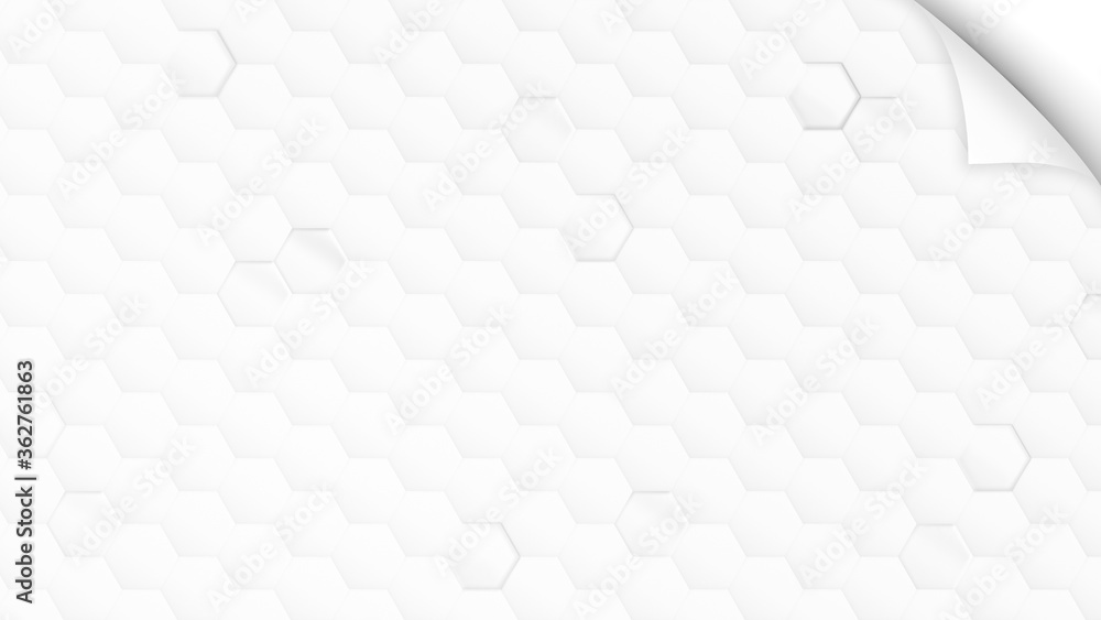 Poster white and light gray hexagon pattern on white with curled corner of paper. simple and abstract moder
