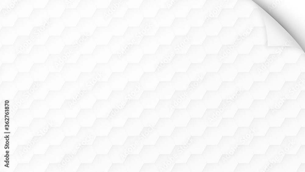 Poster white and light gray hexagon pattern on white with curled corner of paper. simple and abstract moder