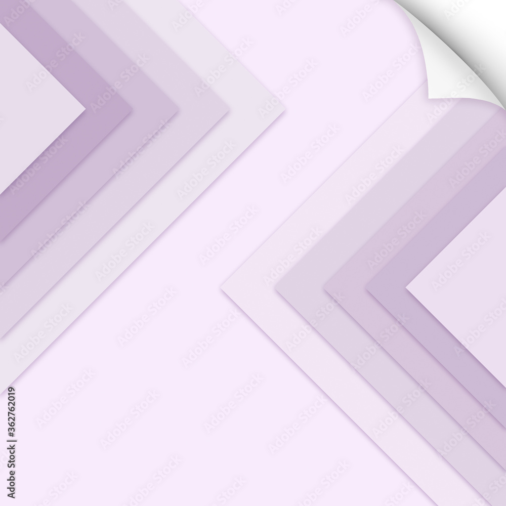 Poster large pink and purple triangles with drop shadows on top of each others. curled corner of paper. sim