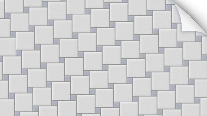 Bigger light gray squares and small gray squares pattern. Abstract textured geometric background in 4k resolution. Curled corner of paper.