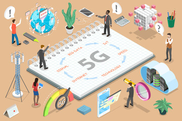 3D Isometric Flat Vector Concept of 5G , High Speed Internet Technology, Global Wireless Network.