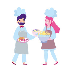 stay at home, male and female chef with food in hands cartoon, quarantine activities