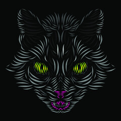 the cat lynx leopard panther tiger line pop art potrait logo colorful design with black dark background