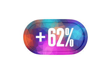 62 Percent increase 3d sign in multicolor isolated on white background, 3d illustration.