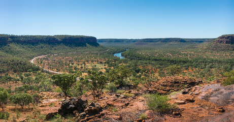 Fototapeta na wymiar Panoramic view of Victoria river from Escarpment Walk. Rocky landscape, dry season. Road from Northern Territory to Western Australia. Elsey national park, Northern Territory NT, Australia