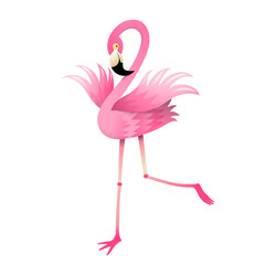Pink Flamingo cartoon for kids, cute and childish 3d design, happy smiling beautiful bird. Fun watercolor style vector animals cartoon for children. © Popmarleo