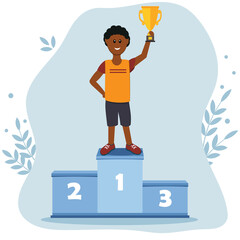 Male athlete on the podium in the first place holding the prize gold Cup, color vector illustration in the style of flat, design, decoration, banner, poster