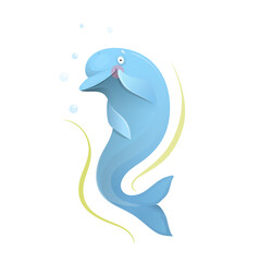 Cute romantic dolphin character design. Dreaming posing dolphin animal adorable drawing for kids. Watercolor style cartoon vector illustration