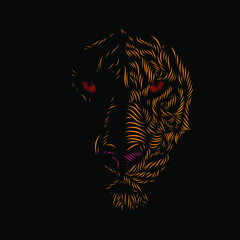 The golden tiger hunter silhouette line pop art potrait logo colorful design with dark background