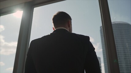 Successful businessman stands thoughtfully near the window. rear view.businessman standing near the office window