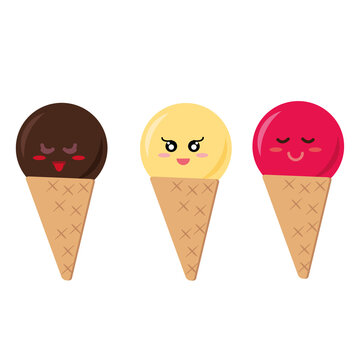 ice cream in a waffle cone with a smile. set of elements in vector flat style, sweet dessert cartoon character face