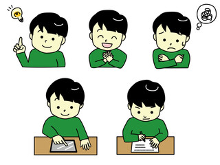 Vector illustration of boys studying.5 patterns.
 (idea,smile, worry, tablet operation, writing)