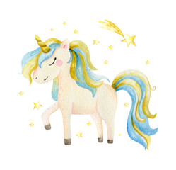 Obraz na płótnie Canvas Isolated cute watercolor unicorn and stars clipart. Nursery unicorns illustration. Princess unicorns poster. Trendy cartoon horse.