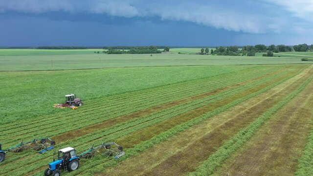 Agriculture and agronomy concept. Cutting alfalfa fieldand swathing with a swather. Tractor working at field. Haymaking in the countryside. Beautiful scenery and blue sky
