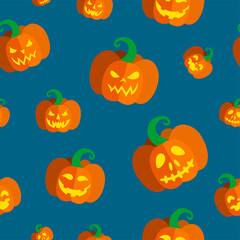 Seamless pattern with carved pumpkins for Halloween. Vector illustration in blue background