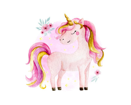 Isolated cute watercolor unicorn and flowers clipart. Nursery unicorns illustration. Princess unicorns poster. Trendy pink cartoon horse.