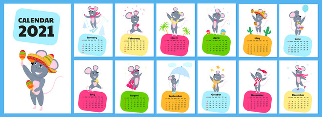 Calendar for 2021 from Sunday to Saturday. Cute rats in different costumes. Mouse cartoon character. Funny animal
