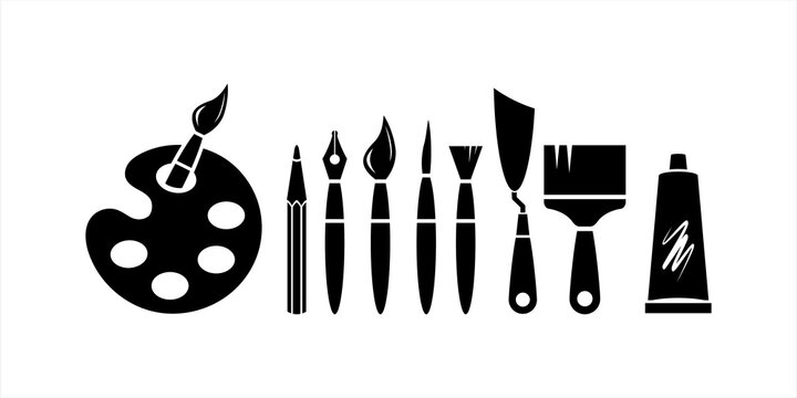 Set art icons isolated on white. Stencil collection for school etc. Vector stock illustration. EPS 10