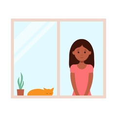 Fototapeta na wymiar Vector illustration of young african american woman standing near the window with cat at home. Quarantine coronavirus concept