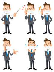 マスクをつけたビジネスマンの青年　6種類の表情とポーズ
