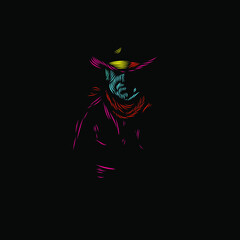 the cowboy line pop art potrait logo colorful design with black dark background