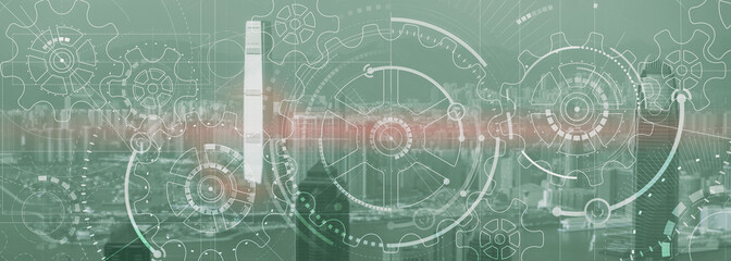 Obraz premium Business technology concept. Cogwheel Gears Mechanism with modern city view. Website panoramic header background.