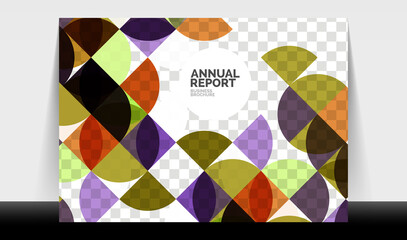 Horizontal A4 business flyer annual report template, circles and triangle style shapes modern geometric design for brochure layout, magazine or booklet