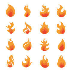 fire flame burning hot glow flat design icons set