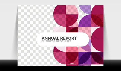 Obraz premium Horizontal A4 business flyer annual report template, circles and triangle style shapes modern geometric design for brochure layout, magazine or booklet