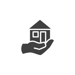 Hand holding home vector icon. filled flat sign for mobile concept and web design. House in hand glyph icon. Symbol, logo illustration. Vector graphics