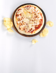 pizza , potato chips on white background from top view , copy space. concept for junk food, healthy, diet.