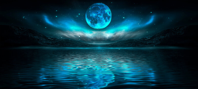 Fantasy night landscape seascape with mountains and islands. Futuristic neon light, night sky, reflection in the water of light, moonlight. © MiaStendal