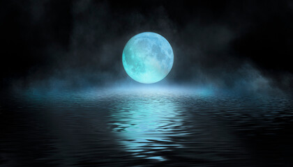 Dark modern futuristic neon background. Rays and lines of light. Night view of an empty scene with neon lights. Reflection in the water of bright light. 