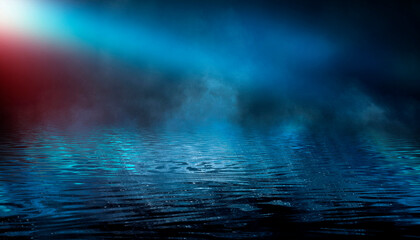 Dark modern futuristic neon background. Rays and lines of light. Night view of an empty scene with neon lights. Reflection in the water of bright light. 