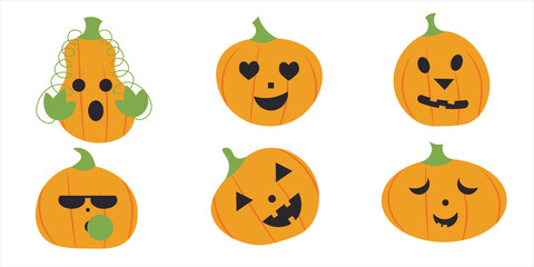 Halloween elements. Pumpkin head with different emotions. Set of icon, sticker and smiles.  Spooky creepy pumpkins in flat style