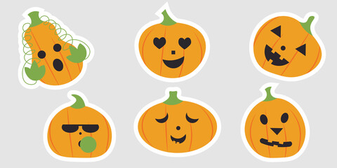 Halloween elements. Pumpkin head with different emotions. Set of icon, sticker and smiles.  Spooky creepy pumpkins in flat style