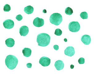 green watercolor circles different sizes light and dark green aquarelle stains hand drawn 