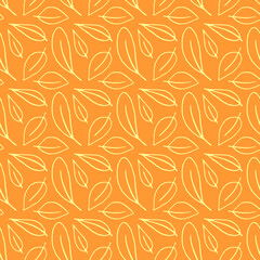 Seamless pattern of contoured leaves isolated on orange background, white outline in sketch style. Simple vector autumn texture for fabric, invitations, home textiles