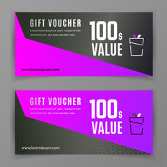 Vector gift voucher template. Universal flyer for business. Black violet design with handmade pattern. For department stories, clothes. technology.