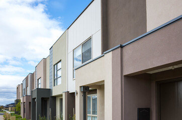 The building of a row of residential modern townhouses in an Australian suburb. Some suburban homes in Melbourne, VIC Australia.