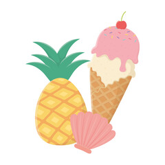 summer travel and vacation ice cream cone pineapple and shell