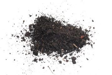 Black soil dirt isolated on the white background.