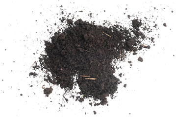Black soil dirt isolated on the white background.
