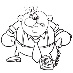 caricature of a man holding a phone in oxer gloves, sketch, isolated object on a white background, vector illustration,