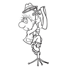 cartoon of a man who climbed onto a hanger with clothes with a fright, sketch, isolated object on a white background, vector illustration,