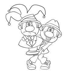 caricature of a man who holds in his hands a bust of himself with a clown hat, sketch, isolated object on a white background, vector illustration,